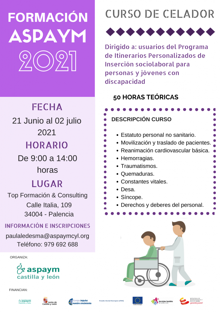 Cartelería Formación ASPAYM 2021 - Curso de Celador en Palencia