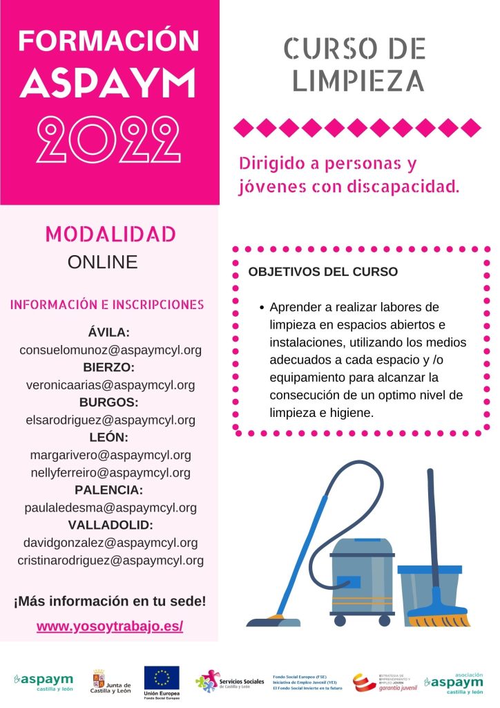 Formación ASPAYM 2022 - Curso de limpieza online, dirigido a personas y jóvenes con discapacidad