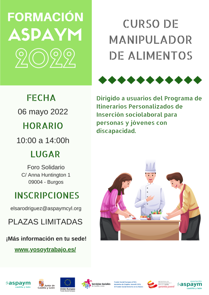 Formación ASPAYM CYL 2022 - Curso de manipulador de alimentos en Burgos