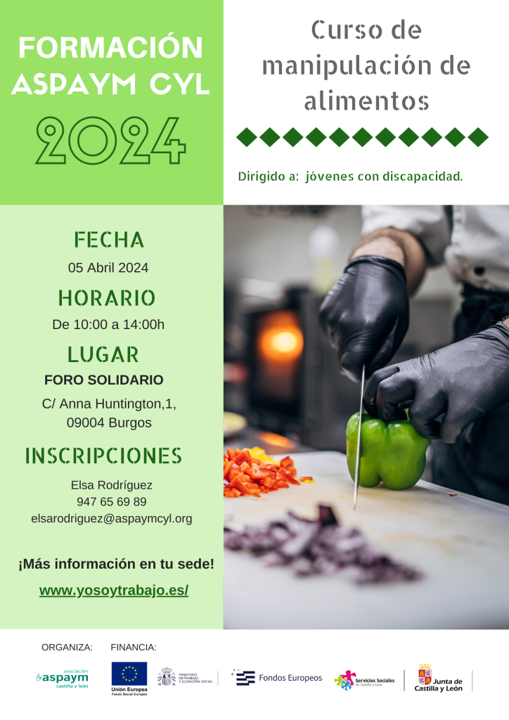 Formación ASPAYM CyL 2024 - Curso de manipulación de alimentos en Burgos