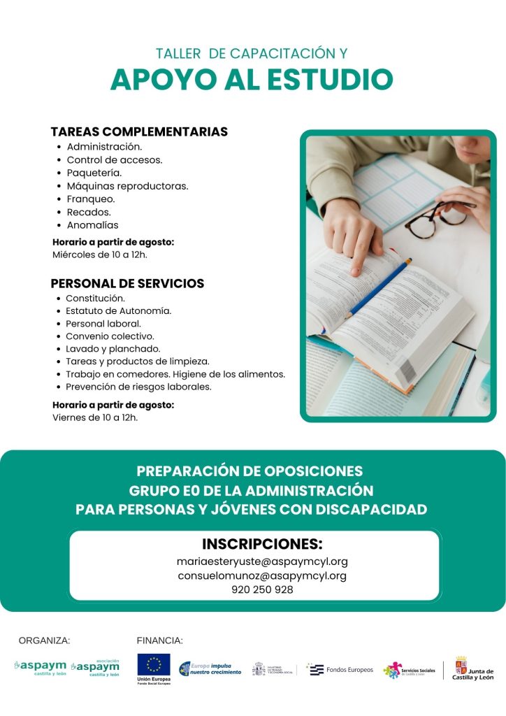 Taller de capacitación y apoyo al estudio. Preparación de oposiciones del grupo E0 de la Administración. Destinado a personas y jóvenes con discapacidad. 